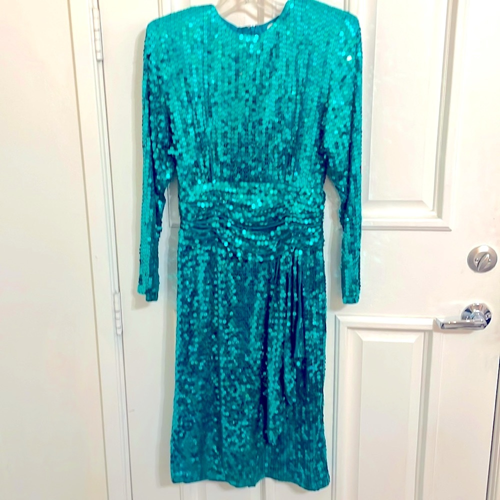 Oleg Cassini  Aquamarine Sequin Cocktail Dress Sz 12